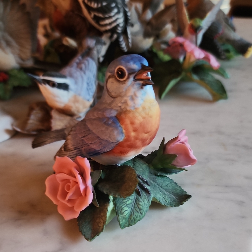 Colorful Bird Figurine with Pink Roses